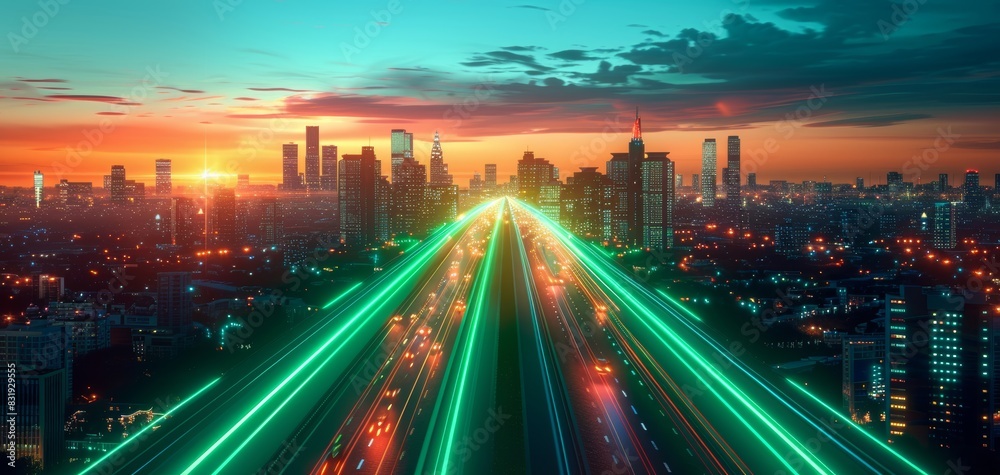 Vibrant cityscape at sunset with neon green light trails on a busy highway, capturing urban growth and futuristic vibes.