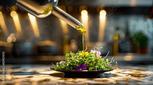 A gourmet kitchen where a shiny silver oil pourer is used to drizzle avocado oil over a delicate microgreen and edible flower salad, set on a marble countertop under elegant lighting. photo