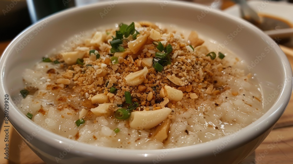 Delicious bowl of pork rice porridge topped with golden brown garlic and a sprinkle of white pepper Delicious bowl of pork rice porridge topped with golden brown garlic and a sprinkle of white pepper