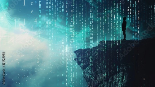 A silhouette of a person standing at the edge of a cliff with a backdrop of digital numbers and crypto symbols alluding to the risky and potentially addictive nature of trading in the