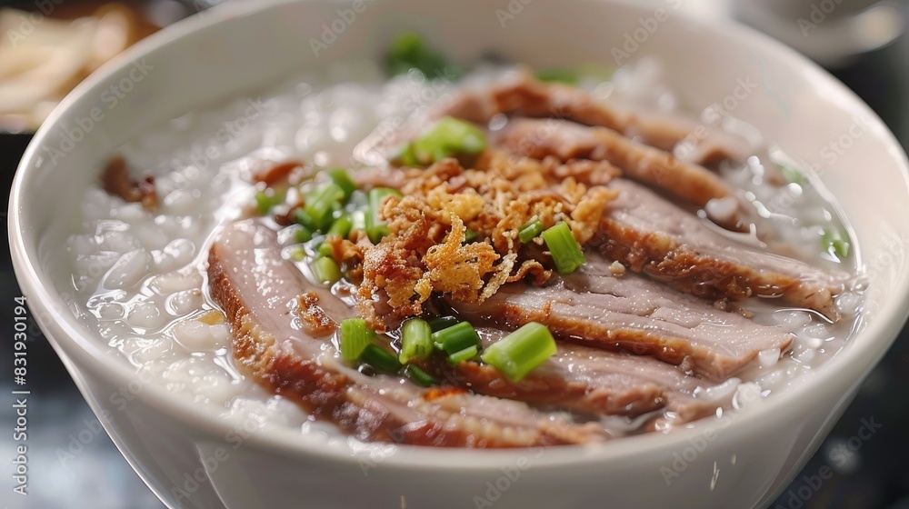 Flavorful bowl of congee with tender pork slices and golden fried garlic, topped with a sprinkle of green onions Flavorful bowl of congee with tender pork slices and golden fried garlic, topped with a sprinkle of green onions
