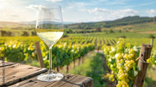 Elegant glass of chilled white wine  perfectly positioned on a rustic wooden table with scenic vineyard views