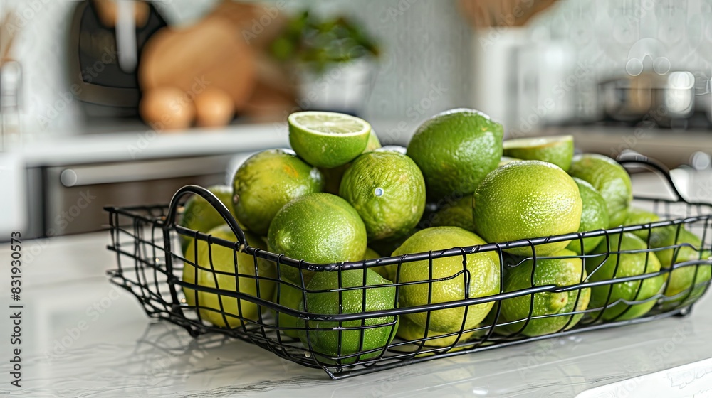 Fresh limes in a decorative basket placed on a kitchen counter, with one lime sliced open for a peek inside