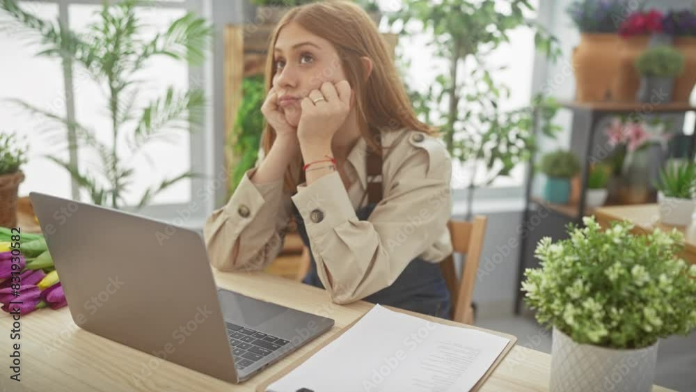 A bored young woman procrastinates at her wooden desk in a well-lit room with plants and a laptop. A bored young woman procrastinates at her wooden desk in a well-lit room with plants and a laptop.