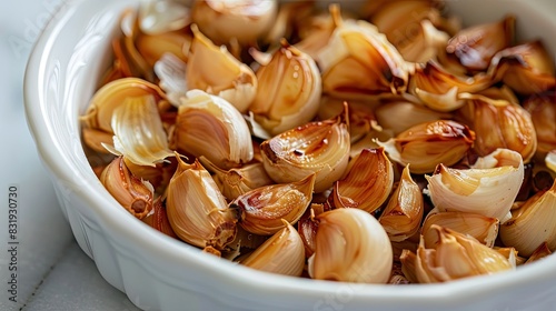 Golden brown fried garlic in a small white dish, highlighting its crunchy texture and rich aroma photo