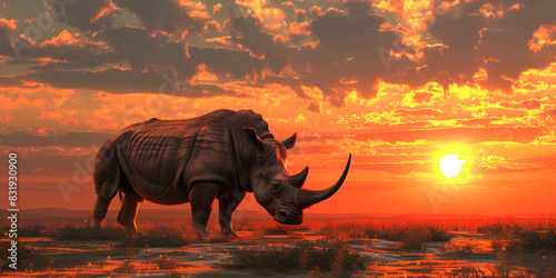 Majestic rhino on the african savannah against a vibrant sunset wildlife in natural habitat stunning nature.