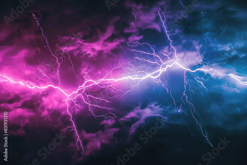 Generative ai on theme of scary bright electric lightning bolt with branches in the night dark sky