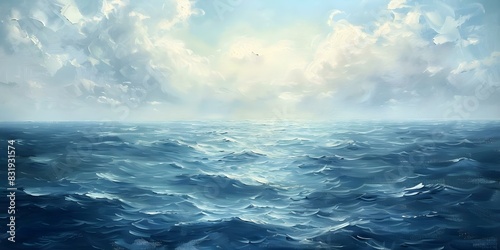 Oil painting of serene ocean with vast expanse of water and gentle waves. Concept Ocean  Serene  Vast  Waves  Oil Painting