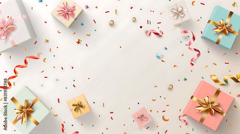 Celebratory Happy Birthday Greeting Card Design with Ribbon and Gift Boxes on Light Background Vector Illustration for Banner, Template, Poster.