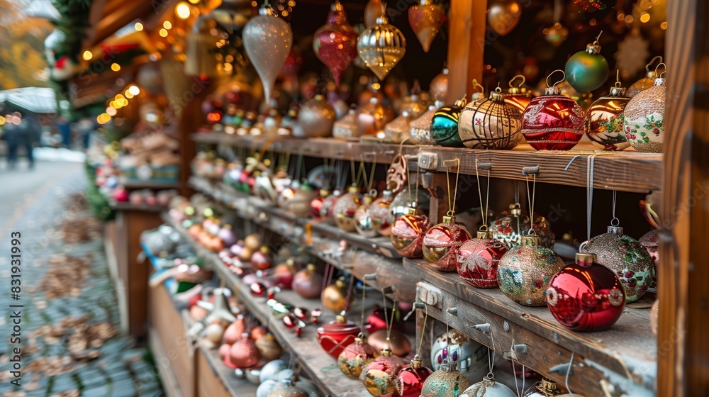 Wooden stalls brimming with handcrafted ornaments create an enchanting European Christmas market scene. Wooden stalls brimming with handcrafted ornaments create an enchanting European Christmas market scene.