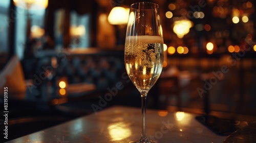 Sparkling white wine in a stylish glass  glistening under the warm glow of ambient restaurant lighting