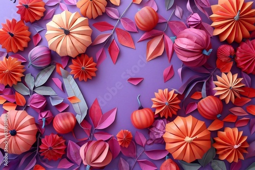 Autumn Abundance  Vibrant 3D Pumpkins and Fruits on Purple Background