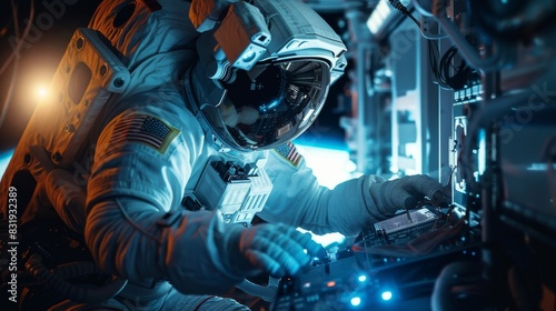 An astronaut performing maintenance on a bitcoin mining rig using solar energy to power the operation in the depths of space.
