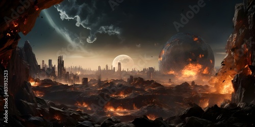 A colossal asteroid devastates an urban landscape leaving a postapocalyptic cityscape. Concept Dystopian Future, Urban Decay, Apocalyptic Disaster, Surreal Destruction, Survival Efforts photo