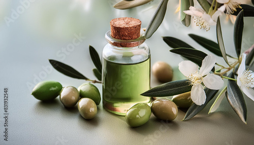 olive plant with flowers and fruit. olive bottle with olive capsules dengan background putih photo