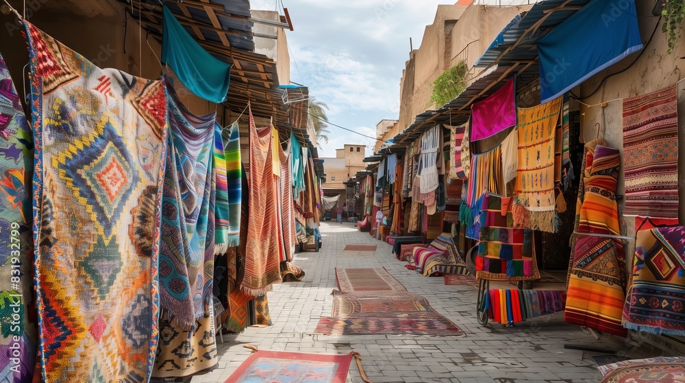 Obraz premium A vibrant Moroccan market square hosts an arts festival, showcasing local culture and artisanal talent.