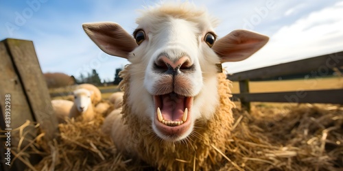 Closeup of sheep with wide eyes and open mouth looking surprised. Concept Animal Expressions, Funny Sheep, Closeup Reactions photo