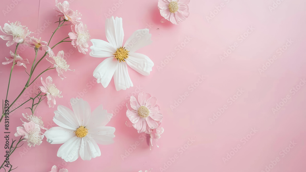 White Cosmos Flowers on Pink Pastel Background White Cosmos Flowers on Pink Pastel Background