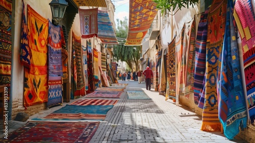 A serene Moroccan market, adorned with vibrant textiles, readies for a lively arts and crafts festival.
