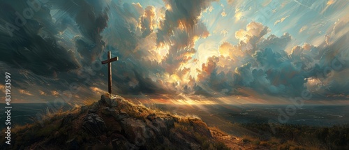 Scenic view of a cross on a hilltop with a dramatic sunset sky, highlighting shades of clouds and light beams in a serene landscape.