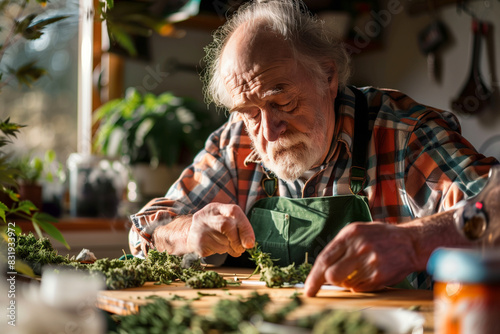 An older man is sitting at a table with several jars of marijuana. He is preparing the marijuana for smoking