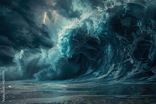 Generative ai on theme of a scary tsunami with huge foamy wave, apocalyptic dramatic background photo