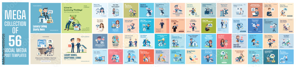 Fototapeta premium Mega collection of 56 social media post design template. Used for property agent advertising