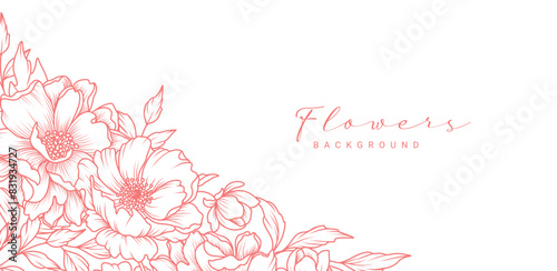 Flower frame in line art style. Corner with luxurious pattern of peonies flowers, branches, leaves on a white background. Vector illustration with drawn elegant vintage botanical decorative elements 