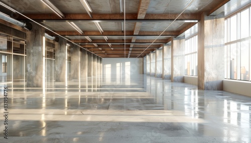 A modern empty commercial space with polished concrete floors and an industrial ceiling, ready for customization or creative use