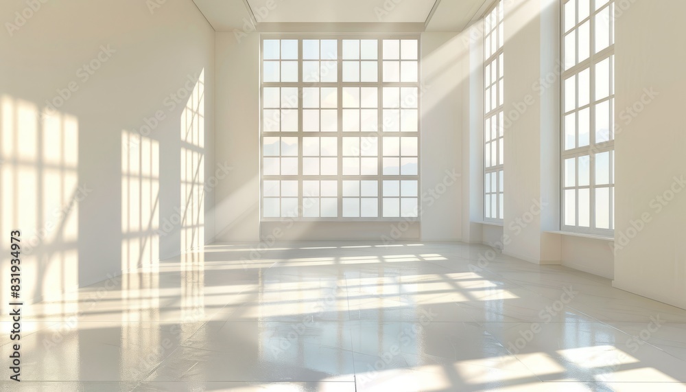 Sunlight casting shadows in a clean, empty, white room with a large window, creating a tranquil and spacious setting, ideal for banners with copy space
