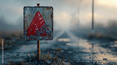 Misty Road with Weathered Warning Sign