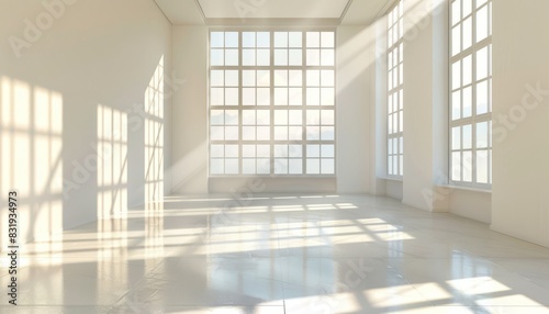 Sunlight casting shadows in a clean  empty  white room with a large window  creating a tranquil and spacious setting  ideal for banners with copy space