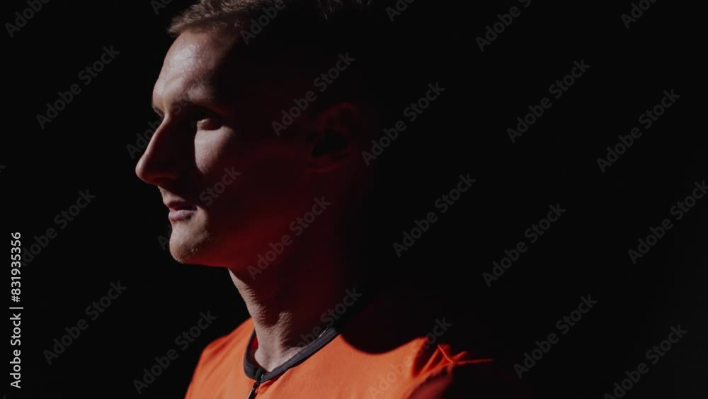 Portrait Of Caucasian Sportsman In Darkness, Strong Motivated Man Preparing To Workout