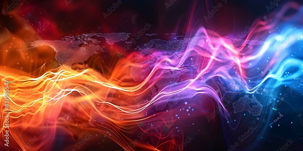 Abstract double exposure of global crisis chart on holographic world map background. Concept Double Exposure Photography, Global Crisis Chart, Holographic World Map Background, Abstract Art