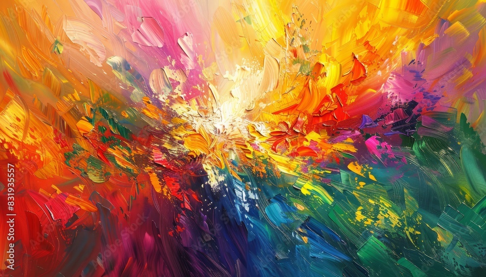 A colorful abstract oil painting on canvas, featuring golden grains, ideal for wallpapers, posters, cards, and other decorative uses in high resolution