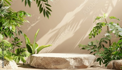A natural stone podium surrounded by green leaves  set against a beige background  specifically designed for organic or beauty product displays