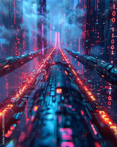 cyberpunk futuristic amazing abstract image of blockchain looking like long long neon chains in technological surroundings
