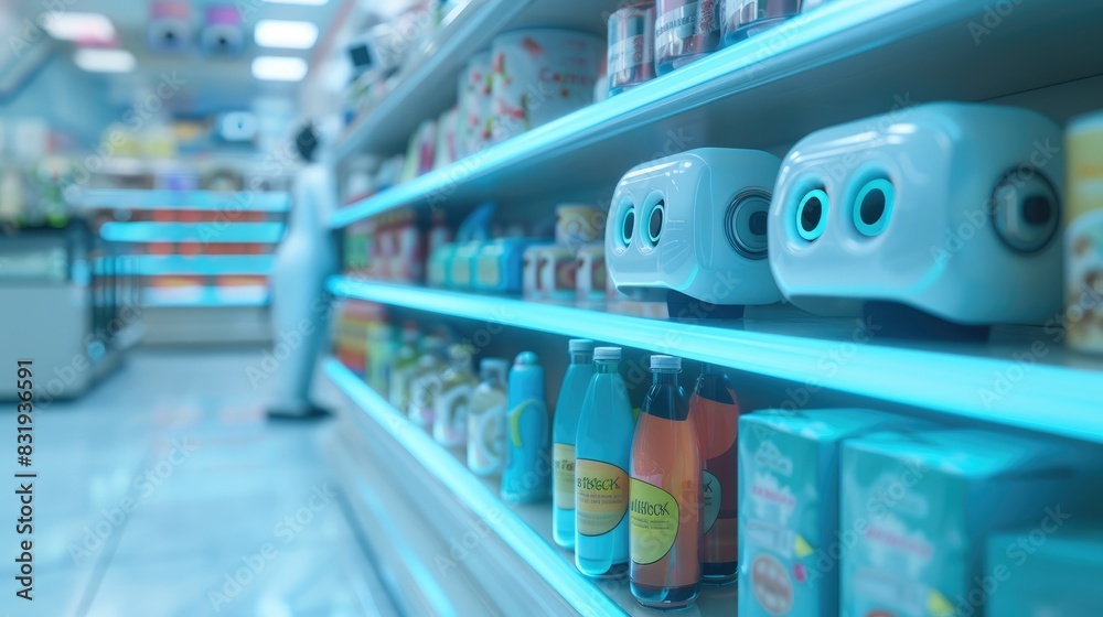 Futuristic technology of robotic customer service at all stores, cosmetics, supermarkets, pharmacy, and etc, AI generated for ads