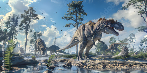 A captivating scene featuring a diverse herd of dinosaurs by a majestic waterfall, with pterosaurs flying overhead in a Cretaceous landscape.
