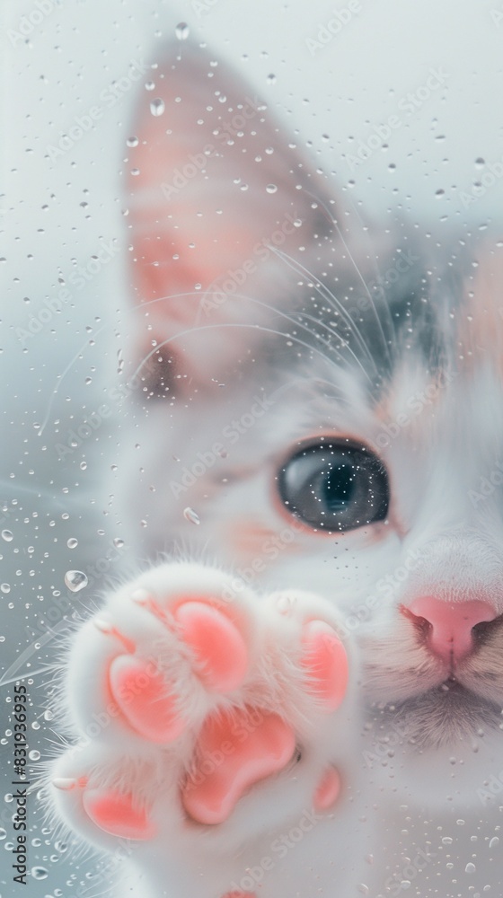 Fototapeta premium White cat's paw with pink toes on glass window against white background,creative pet photo theme.