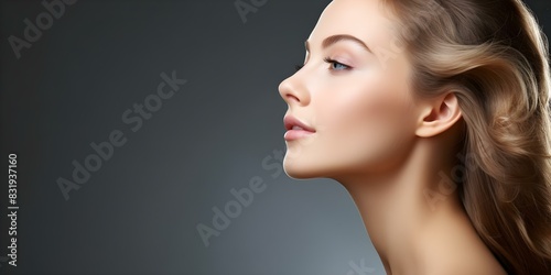 Young woman with bumpy aquiline nose in profile against gray background. Concept Portrait Photography, Unique Features, Contour Lighting, Profile Angle, Grey Backdrop photo