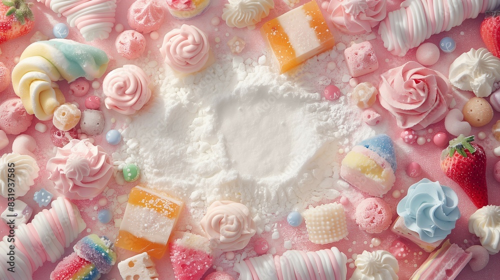 Colorful rainbow candies on table,surrounded by white powder on a pink background,food theme. Colorful rainbow candies on table,surrounded by white powder on a pink background,food theme.