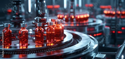 High-tech automated pharmaceutical production line with glowing red bottles, showcasing advanced manufacturing technology in a futuristic setting.