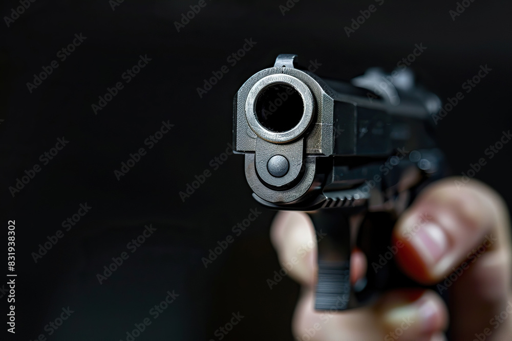 Generative ai on theme of a man aims through the sight of combat metal pistol to hit the target Generative ai on theme of a man aims through the sight of combat metal pistol to hit the target