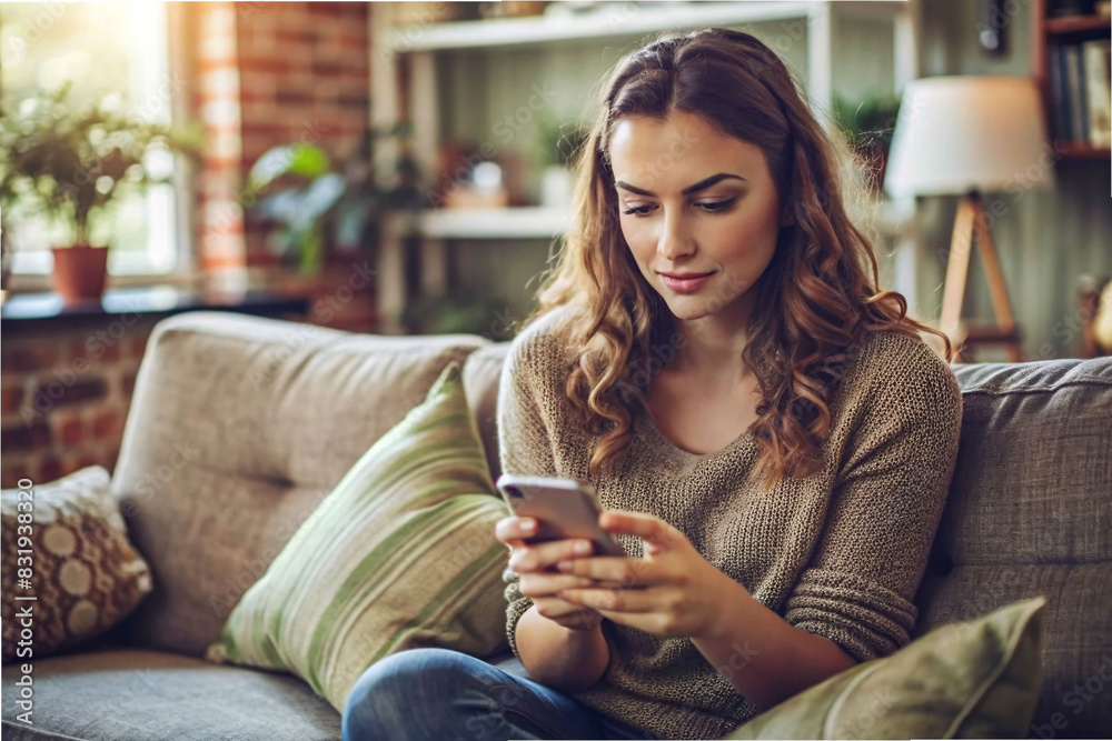 A young woman finds comfort in her digital world as she lounges on a cozy sofa, engrossed in her smartphone. The warm sunlight filtering through the window adds a serene ambiance to the scene. A young woman finds comfort in her digital world as she lounges on a cozy sofa, engrossed in her smartphone. The warm sunlight filtering through the window adds a serene ambiance to the scene.