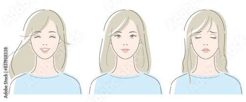 Three types of facial expressions of women. Happy face, neutral face and troubled face. Vector illustration in line drawing, isolated on white background.