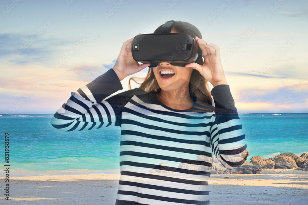 Obraz premium VR, woman and ocean for digital video game, metaverse and futuristic travel in nature. Technology, overlay and streaming for gamer person, hobby and internet for 3d augmented reality experience