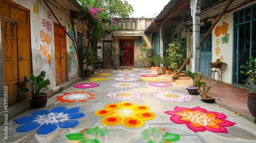 Colorful Rangoli patterns adorn a courtyard, celebrating Diwali with vibrant hues and festive cheer.