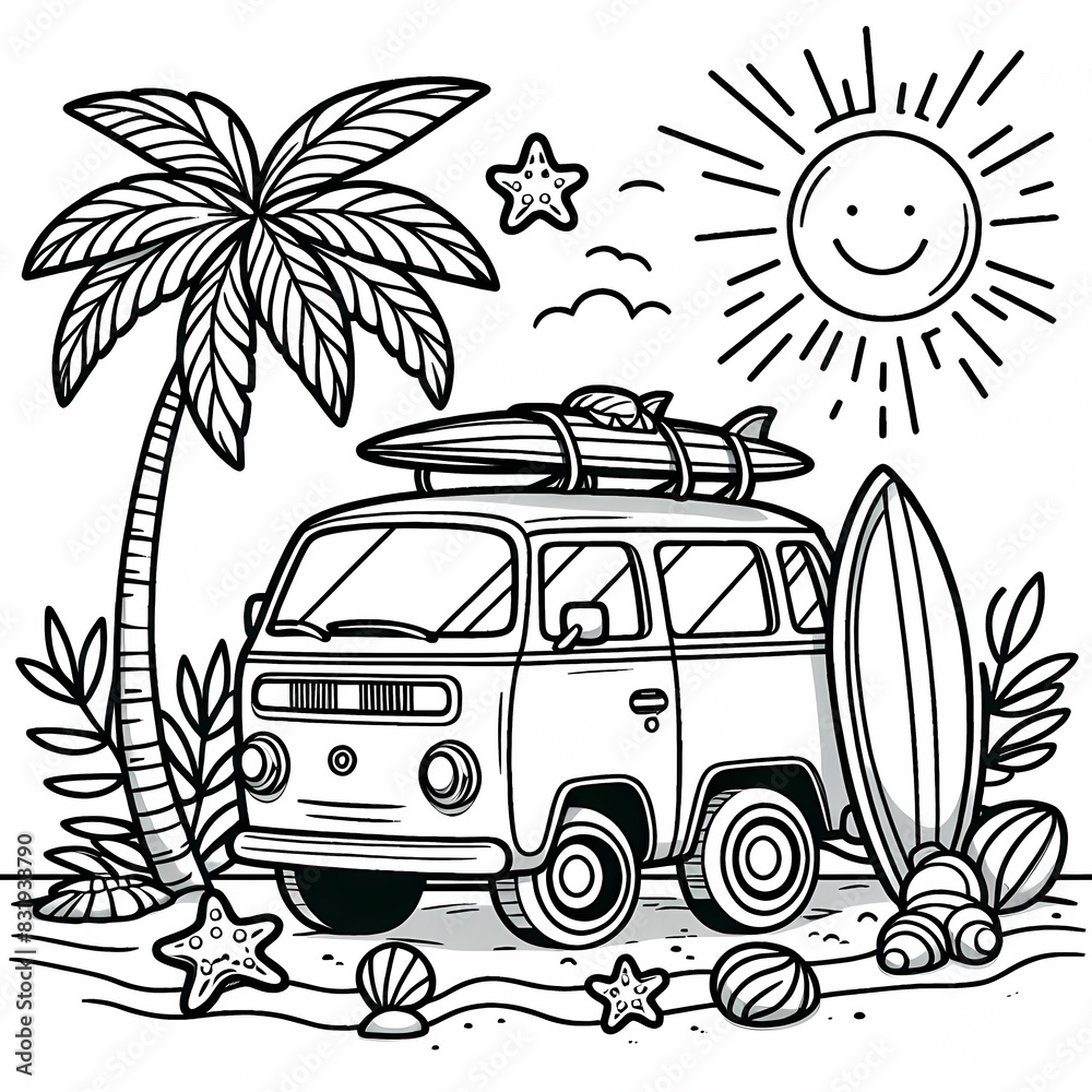 Beach Van with Surfboard Coloring Page for Kids