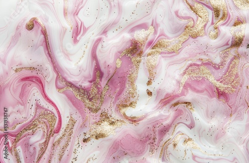 A white background with pink and gold glitter swirls in the center, featuring an abstract pattern of marble and liquid textures. © Sabina Gahramanova